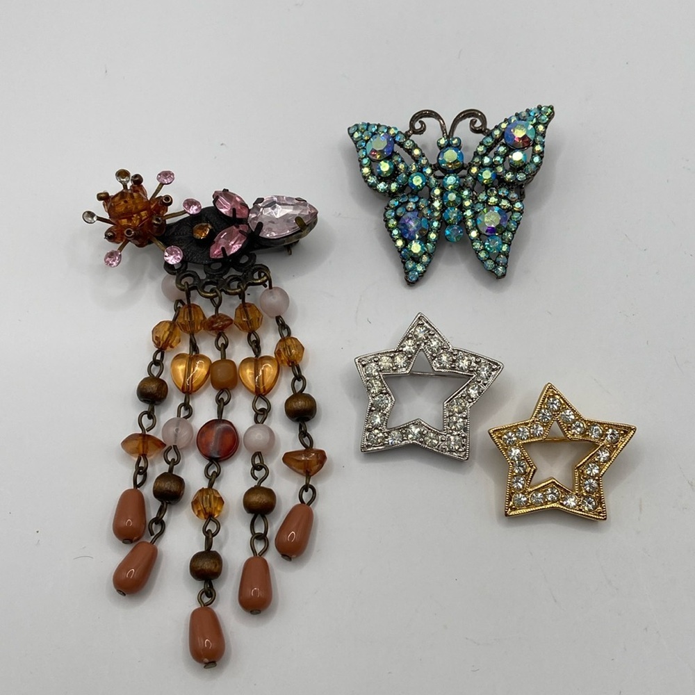 Brooches Pins Set of 4 Stars Blue Butterfly Faux Gemstone Waterfall